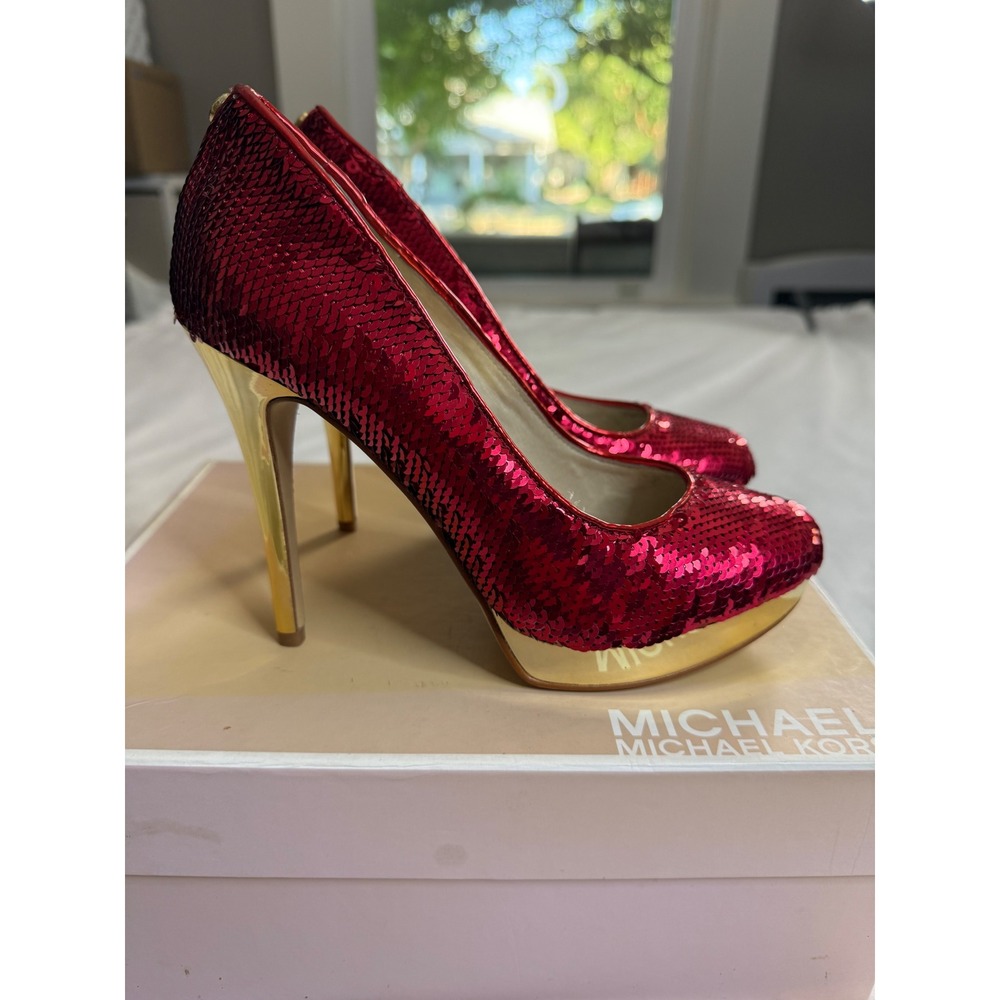 Michael Kors York Pump Red Sequin Gold Platform Stiletto Heels Womens 5.5 M